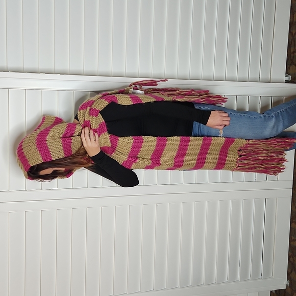 Michael Kors Stripe Fringe Knit Scarf Fushia Pink and Tan - Picture 7 of 12